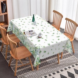 Xiazhilaio Summer Floral Rectangular Tablecloth 55"x70" – Green Eucalyptus and Flower Design, Fabric Waterproof Table Cloth for Dining, Kitchen, Outdoor BBQ and Picnic Party Decor