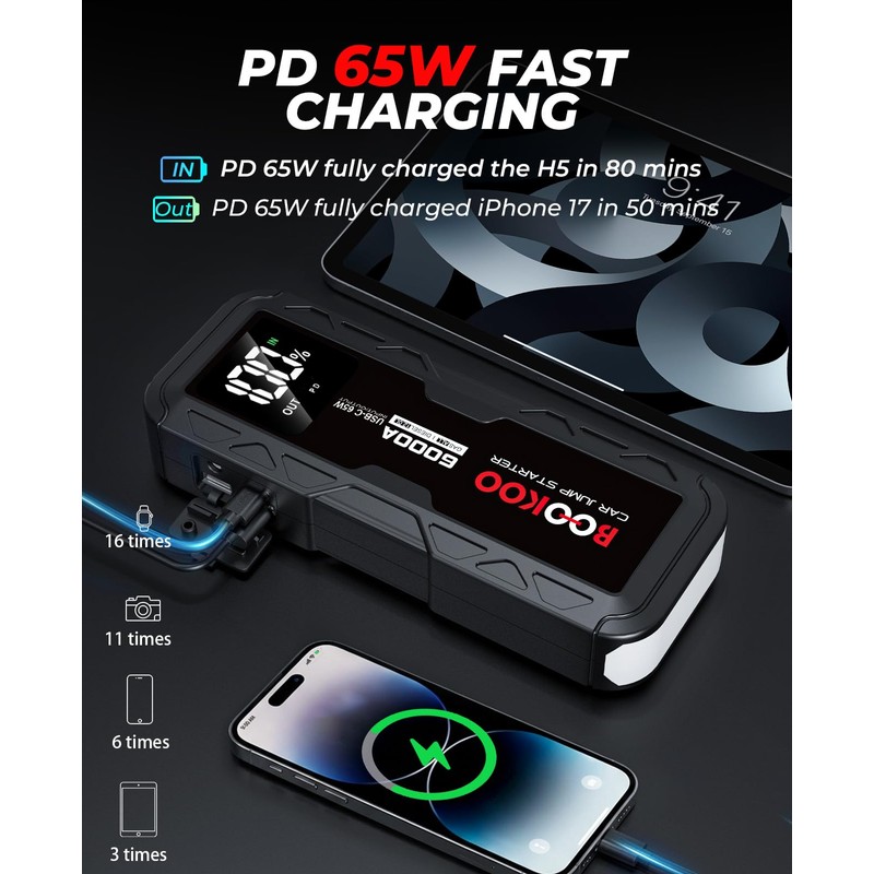 BOOKOO 6000A 12V Jump Starter for Car Boat Lawnmower