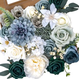 Artificial Flowers Combo Set Fake Forest Green Bouquet w/Stems Box Mix Faux Silk Dahlia Roses Bulk for Wedding Arrangements DIY Bridal Floral Baby Shower Table Centerpieces Birthday Party Home Decor