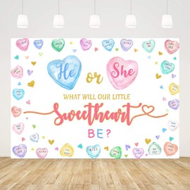 AIBIIN 7x5ft Sweetheart Gender Reveal Backdrop He or She What Will Our Little Sweetheart Be Gender Reveal Photography Background Blue Pink Heart Valentine's Day Gender Reveal Party Decorations Banner
