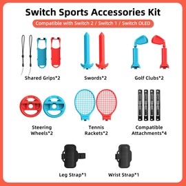 [𝗙𝗼𝗿 𝗦𝘄𝗶𝘁𝗰𝗵 𝟮/𝟭/𝗢𝗟𝗘𝗗] Sports Games Accessories Bundle Compatible with Switch 2/Switch/OLED, 10 in 1 Family Accessories Kit with Steering Wheels, Strap, Golf Clubs, Tennis Rackets, Sword