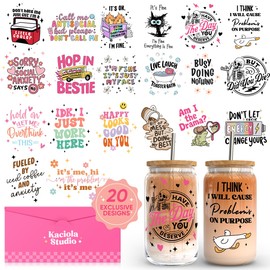 Kaciola Studio 20 Sheets Funny Sarcasm UV DTF Cup Wraps for 16 oz - Funny Theme Stickers for Glass Mugs Coffee, I'm Fine UV DTF Decals Waterproof Rub on Transfer DIY Crafts for Notebook Laptop