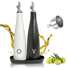 Ceramic Oil and Vinegar Dispenser Set, Premium Olive Oil Bottle for Kitchen with Matching Vinegar Dispenser Bottle, Ceramic Olive Oil Container With Mess-free Auto Closing Spout and Tray