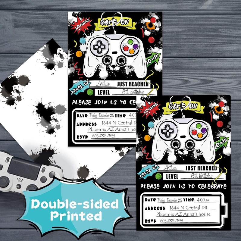 WERNNSAI Watercolor Video Game Party Invites - 20 Set Fill-in