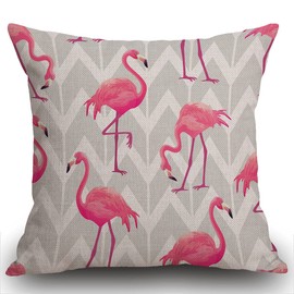Smooffly Cushion Cover Pink Flamingo Geometric Square Cotton Pillowcase Throw Pillow Cover for Home Sofa Couch Car Seat Decorative 18 x 18 Inch Pink White Grey