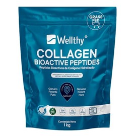 Wellthy Colageno Hidrolizado Puro 1kg. Péptidos de Colágeno Bioactivos Genu-In®, 66 Porciones por Envase, 1 Solo Ingrediente, SIN Azúcar, Scoop Incluído, Bottle Free.