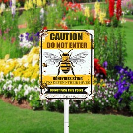 Generic Honey Bees Yard Sign, Caution Do Not Enter, Honeybees Sting To Defend Hives, Warning Sign 8"" x 12"", Bees Garden Sign With Stake, Aluminum Lawn Sign