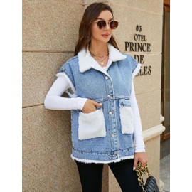 Lingjiazi Womens Loose Sherpa Fleece Lined Denim Vest Casual Sleeveless Button Down Jean Vest Jacket(0188-Blue-M)