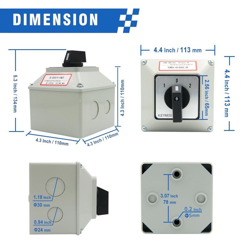 KEYMOO 40A Rotary Changeover Switch with Exterior Box, 3 Position