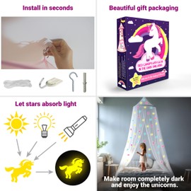 UB-STORE Canopy for Girls Bed with Pre-Glued Glow in The Dark Unicorns - Princess Mosquito Net Room Decor - Kids & Baby Bedroom Tent with Galaxy Lights - 1 Opening Canopy Bed & Hanging Kit Included