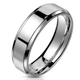Bungsa Stainless Steel Ring with Slanted Edge Highly Polished 6 mm Wide Silver Jewellery Ring for Men and Women, Stainless Steel, No Gemstone
