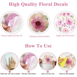 60 Pcs Flower Peel and Stick Wall Decals Watercolor Vinyl Peony Floral and Leaves Wall Stickers Pastel Flower Decor for Girls Bedroom Nursery Classroom Living Room