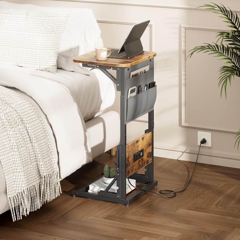HLDIRECT C Shaped End Table with Charging Station, Couch Side
