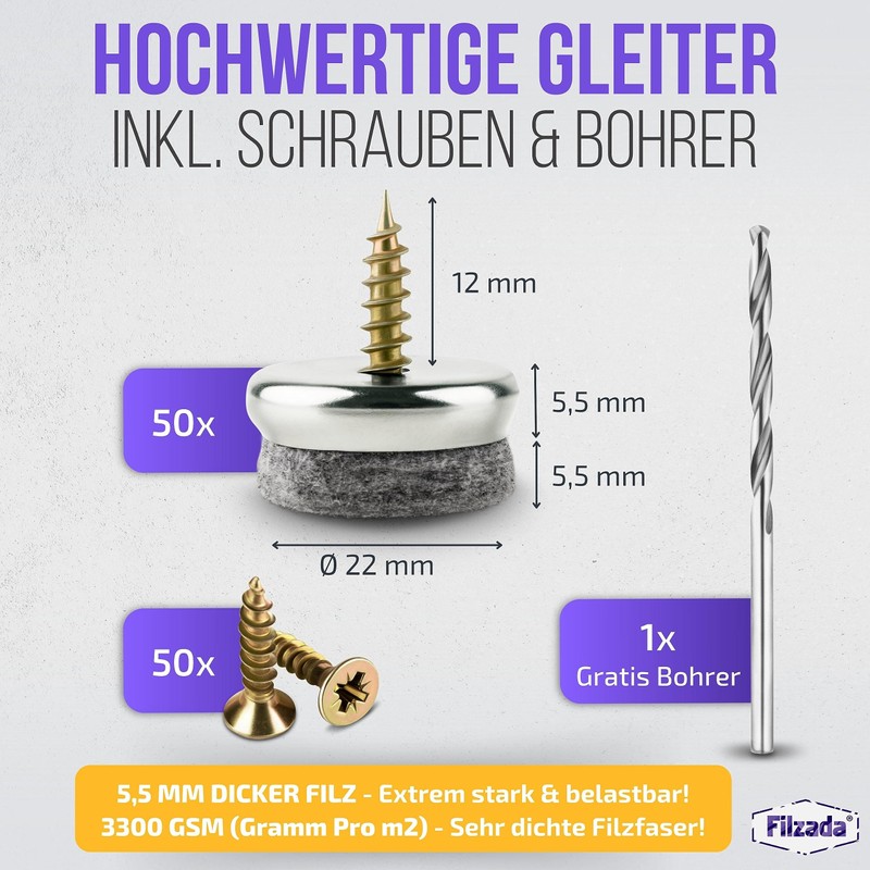 Filzada® 50 x Felt Gliders Screws Diameter 22 mm Professional