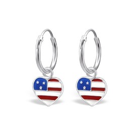 925 Sterling Silver American Flag Heart on Endless Hoop Earrings 28022
