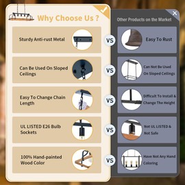 5-Lights Kitchen Island Lighting, UL Listed L31 Height Adjustable Hand-Painted Wood Color Metal Hanging Farmhouse Pendant Lights for Kitchen,Rustic Linear Chandeliers for Dining Room Over Table