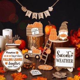 Maitys 21 Pcs Fall Thanksgiving Tiered Tray Decor Set Fall Pumpkin Gnome Truck Wood Sign Rustic Farmhouse Decor Hello Fall Wood Bead Decorative Tabletop Sign for Autumn Thanksgiving Day Table Holiday