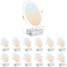 DLLT LED Recessed Ceiling Lights: 12 Pack 8 Inch 5CCT Ultra-Thin Lighting with Junction Box for Bedroom - 1800LM Brightness 18W Eqv 170W Dimmable Canless Wafer Downlight with ETL&FCC
