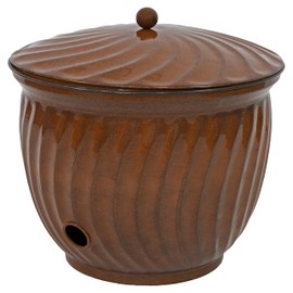 Sunnydaze Metal Garden Hose Holder Pot with Lid - UV-Resistant Brown Glaze Finish - Holds up to 145-Foot Hose