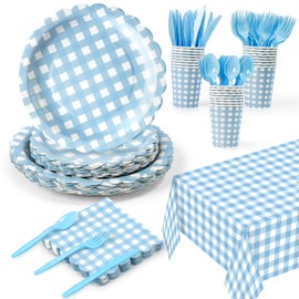 GQIRIL Gingham Plates Party Supplies - 169PCS Blue Paper Plates and Napkins Tablecloth Set, Disposable Plaid Checkered Tableware Kit for Birthday Baby Shower Wedding BBQ Dinner, Serve 24 Guests