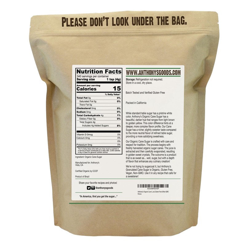 Anthony's Organic Cane Sugar, 3 lb, Granulated, Gluten Free &