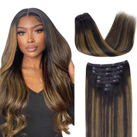 Lashey Hair Extensions 120g 7pcs Straight Clip in Hair Extensions Natural Black Mixed Chestnut Brown 22 Inch Clip in Hair Extensions Real Human Hair Black Women