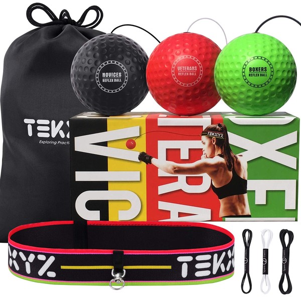 TEKXYZ Boxing Reflex Ball, 3 Difficulty Levels Boxing Ball with Headband, Softer Than Tennis Ball, Perfect for Reaction, Agility, Punching Speed, Fight Skill and Hand Eye Coordination Training