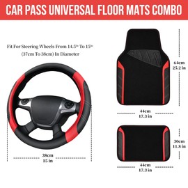 CAR PASS Leather Steering Wheel Cover and Waterproof Car Floor Mats,Microfiber Universal Car Combo Fit for 95% Sedan,SUV,Cars,14.5-15inch Sporty Anti-Slip Safety Comfortable Design(Black＆Red)
