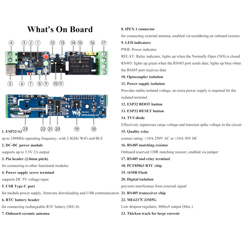 Industrial 1-Channel ESP32-S3 WiFi Relay Module, Supports WiFi/Bluetooth / RS485