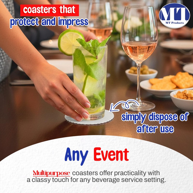 MT Products White Thin Paper Coasters 3.25" - Scalloped Edge