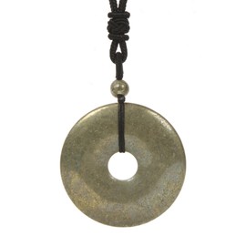 Justinstones Natural Pyrite Peace Donut Healing Crystal 40mm Circle Coin Shaped Stone Pendant Adjustable Braided Cord Necklace 28 Inch