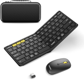 Foldable Keyboard and Mouse, Samsers KM08 Folding Bluetooth Keyboard Mouse Combo, 2.4G + BT5.0 x 2, Full-Size Portable Travel Keyboard & Rechargeable Wireless Mouse for iOS Android Windows Mac OS