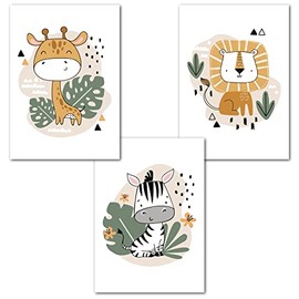 Ninky® Children's Room Pictures, Set of 3 Pictures, DIN A4, Wall Pictures, Baby Room Decoration, Safari Animals, Jungle Poster, Wall Poster, Decorative Baby Room (Set 1 - Giraffe Zebra Lion)