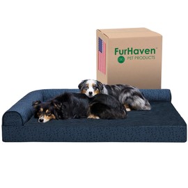 Furhaven Cooling Gel Dog Bed for Large Dogs w/ Removable Bolsters & Washable Cover, For Dogs Up to 125 lbs - Plush & Almond Print L Shaped Chaise - Blue Almonds, Jumbo Plus/XXL