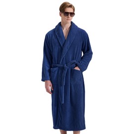 PJGGZ Men's Shawl Collar Bathrobe, Soft Long Towel Robe for Men - Super Absorbent Quick Dry yet Warm, Navy, Large-X-Large