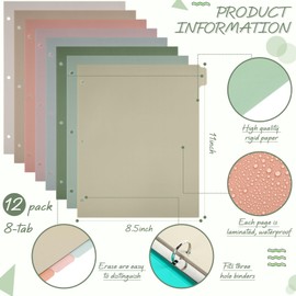 Honoson 12 Sets 8 Tab Binder Dividers for 3 Ring Binders 8.5 x 11 Inch Paper Multicolor Dividers with Plastic Film 3 Hole Punched Page Dividers Sturdy Binder Index Dividers for School (Dark Color)