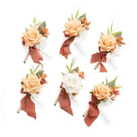 Ling's Moment Terracotta&Burnt Orange Boutonniere for Men Wedding with Pins-Set of 6-Groom and Groomsmen Boutonniere for Ceremony Anniversary, Dinner Party, Prom Flowers and Fall Vintage Wedding