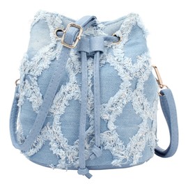 Aisi Women Ladies Denim Handbag Jean Bucket Drawstring Crossbody Bag Quilted Distressed Tassel Hobo Shoulder Bag