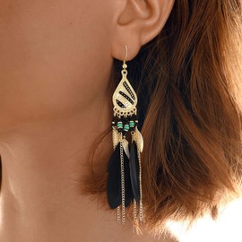 Feather Earrings Bohemian Leaf Tassel Earrings Feather Beaded Earrings for Women and Girls Summer Boho Western Earrings (Black)