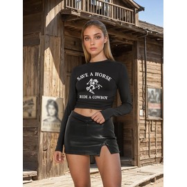 Tewmeu Cowgirl Outfits for Women Western Country Concert Graphic Crop Tops Rodeo Cropped Tight Long Sleeve Shirts