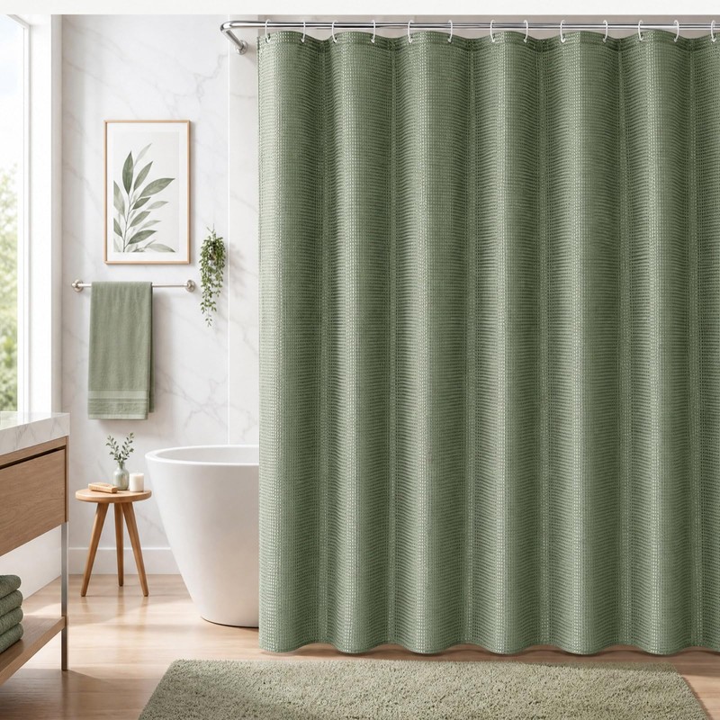 Sage Green Waffle Shower Curtain, Waffle Texture Green Bathroom Curtain