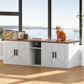 HOOBRO Double Litter Box Enclosure, Hidden Litter Box Enclosure with Corridor, Cat Litter Box Furniture with Storage Layer, Wooden Litter Box Cabinet with Hooks, White and Walnut WH15MW01