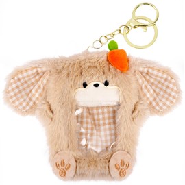 Bunny Plush Kpop Photocard Holder with Keychain, Soft Rabbit ID Badge Holder Protector Cover, Cute Cartoon Animal Photo Case Sleeve for Idol ID Card Student Worker Bag Charm Pendant