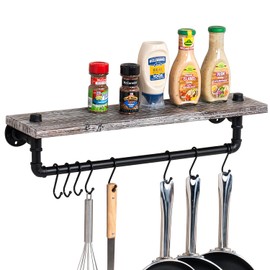 MyGift Wall Mounted Kitchen Pot Rack, Rustic Torched Wood Floating Display Shelf and Industrial Matte Black Metal Pipe Towel Bar and Hanging Cooking Pots and Pans Organizer with 8 S-Hooks