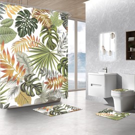 ANQSYY - Juego de 4 cortinas de ducha de hoja de tortuga verde, decoración de baño bohemio con alfombra, cubierta de tapa de inodoro y alfombrilla de baño, estampado de hoja de palma tropical Monstera
