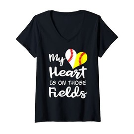 Womens My Heart Is On Those Fields Baseball Softball Player Mom V-Neck T-Shirt