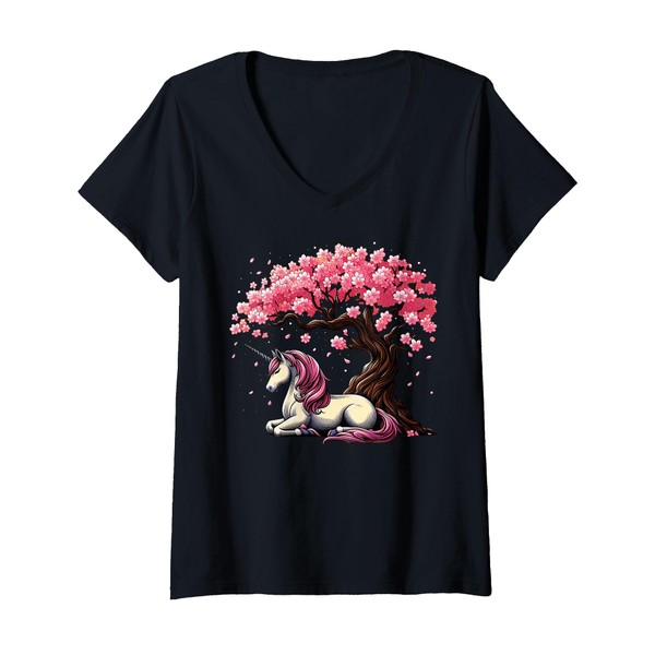 Womens Japanese Unicorn Cherry Blossom Sakura Kawaii Art V-Neck T-Shirt