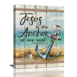 Christian Beach Anchor Wall Art Scripture Coastal Nautical Canvas Print Painting Bible Verses Pictures Framed Christian Gifts Artwork Dining Living Bathroom Bedroom Decor for Home Office 8"x12"