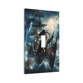 Spshian Light Switch Cover Plate Funny Cat Pirate Ship Sea Ocean Nautical Sailboat 1 Gang Switch Plate Covers Single Toggle Wall Plates Decorative Electrical Faceplate for Bathroom Bedroom Decor