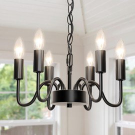 hansang Black Chandelier for Dining Room, Rustproof 6-Light Farmhouse Chandelier Light Fixture, 47Inches Modern Candle Hanging Light for Bedroom, Adjustable Rope, E12 Small Base, Bulbs Not Included